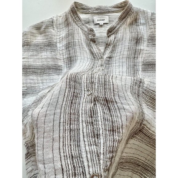 POLDER Spencer White Black Striped Linen Gauze Mandarin Collar Blouse, Size 42 - Picture 10 of 13